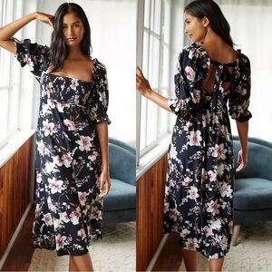 By Anthropologie Puff-Sleeve Smocked
Midi Dress Black Motif Sz Small Sz 4 Sz 6